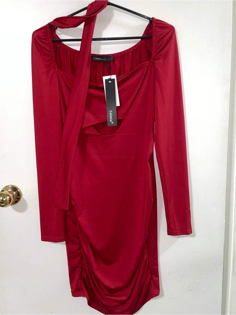 Celmia Red Long-Sleeve Tie-Neck or waist toe Dress